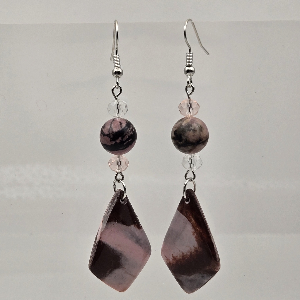 B118- Handmade Pink And Silver Dangle Earrings With Rhodonite Beads 20$